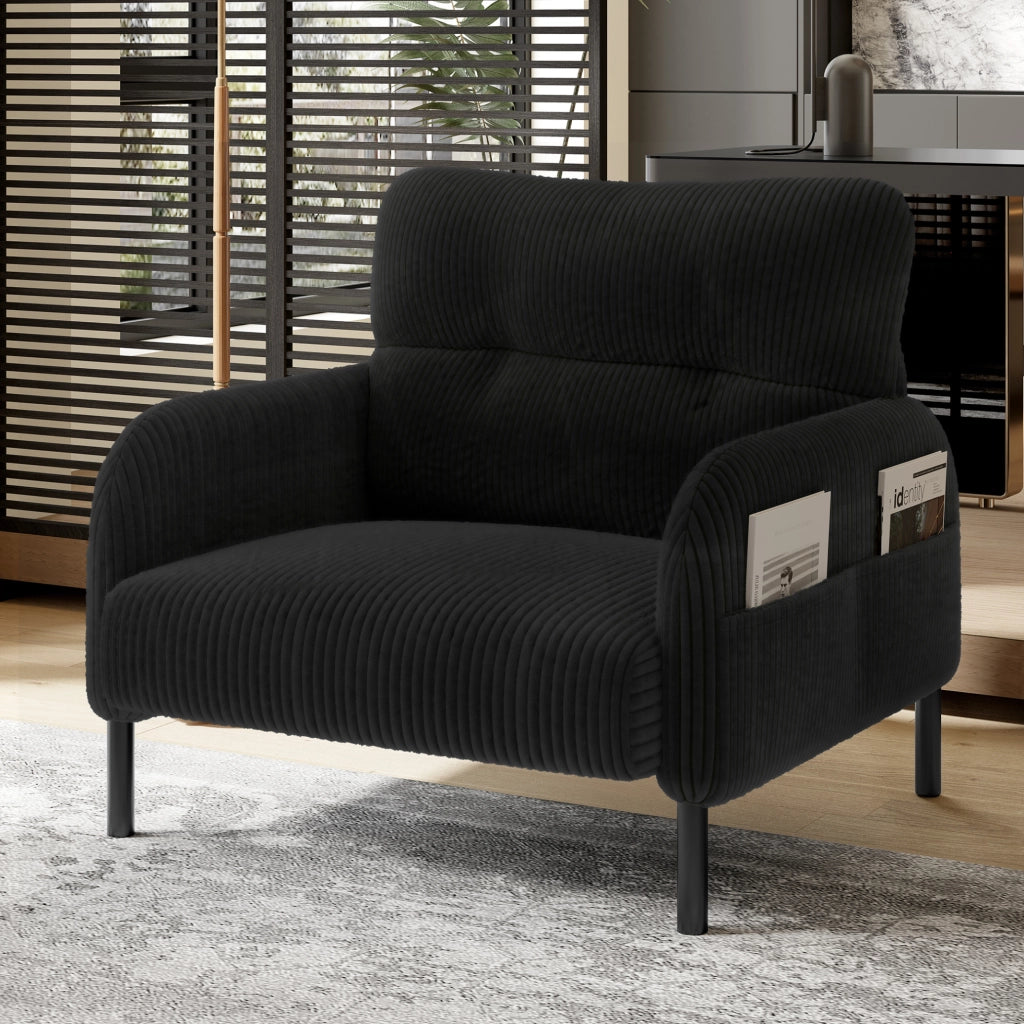 Poltrona singola in velluto a coste nero con tasca laterale; 67 x 75 x 79 cm