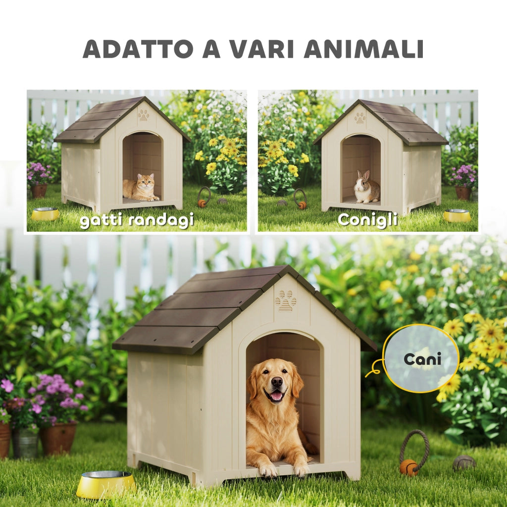 Cuccia per Cani Rialzata 88x78x89 cm con Tetto Inclinato e Prese d'Aria in PP Beige e Marrone Scuro