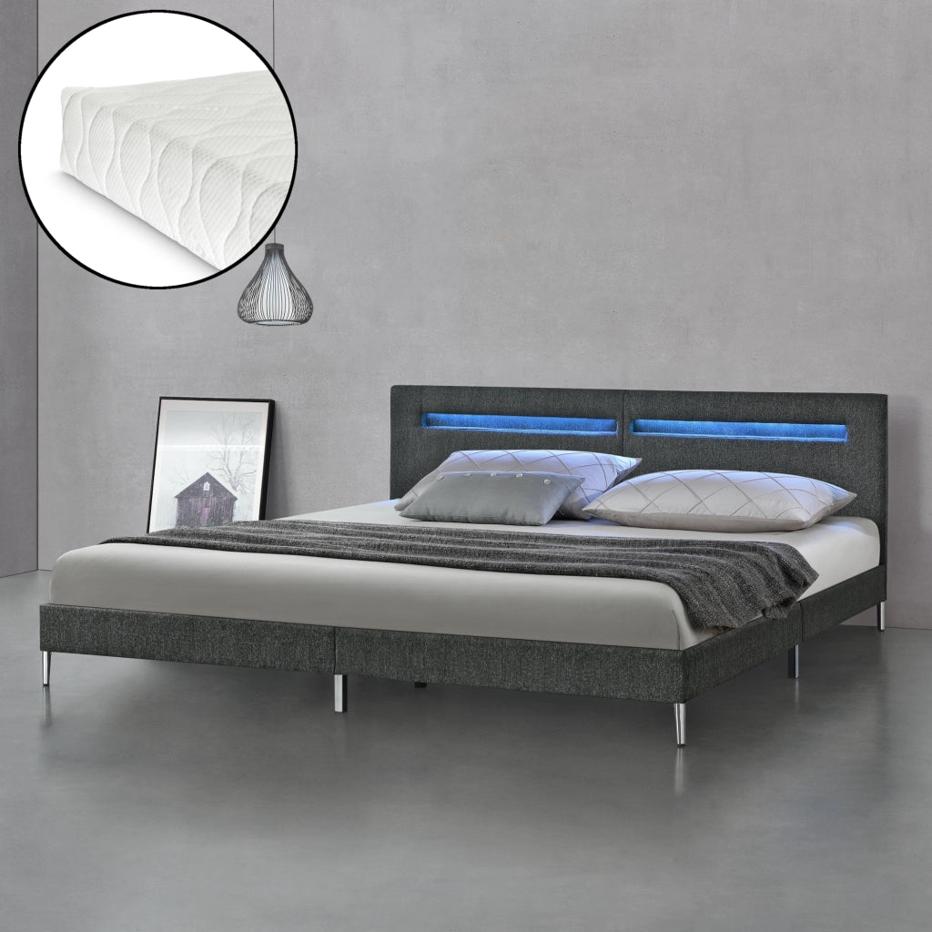Letto Matrimoniale King Size/2 Piazze con Illuminazione a LED + Materasso a Schiuma Fredda 180 x 200 x 16 cm