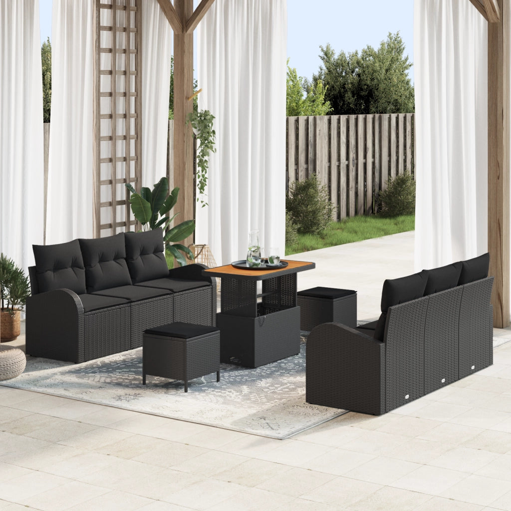 Set da Giardino  9 Pezzi con Cuscini Nero Polyrattan Acacia