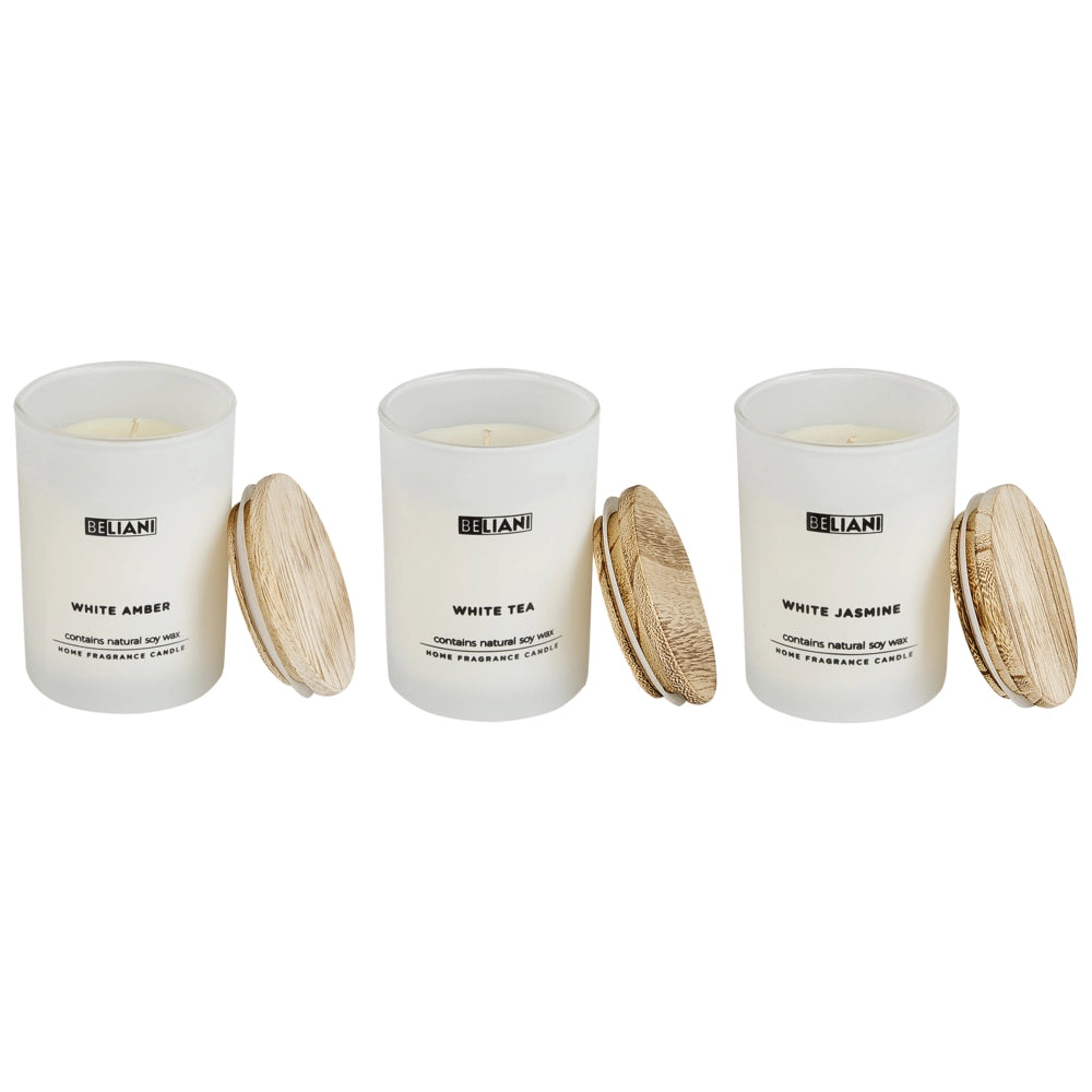 Set di 3 candele profumate multicolore 100% cera di soia stoppino di cotone vetro bianco fragranza ambra bianca/tè bianco/gelsomino bianco