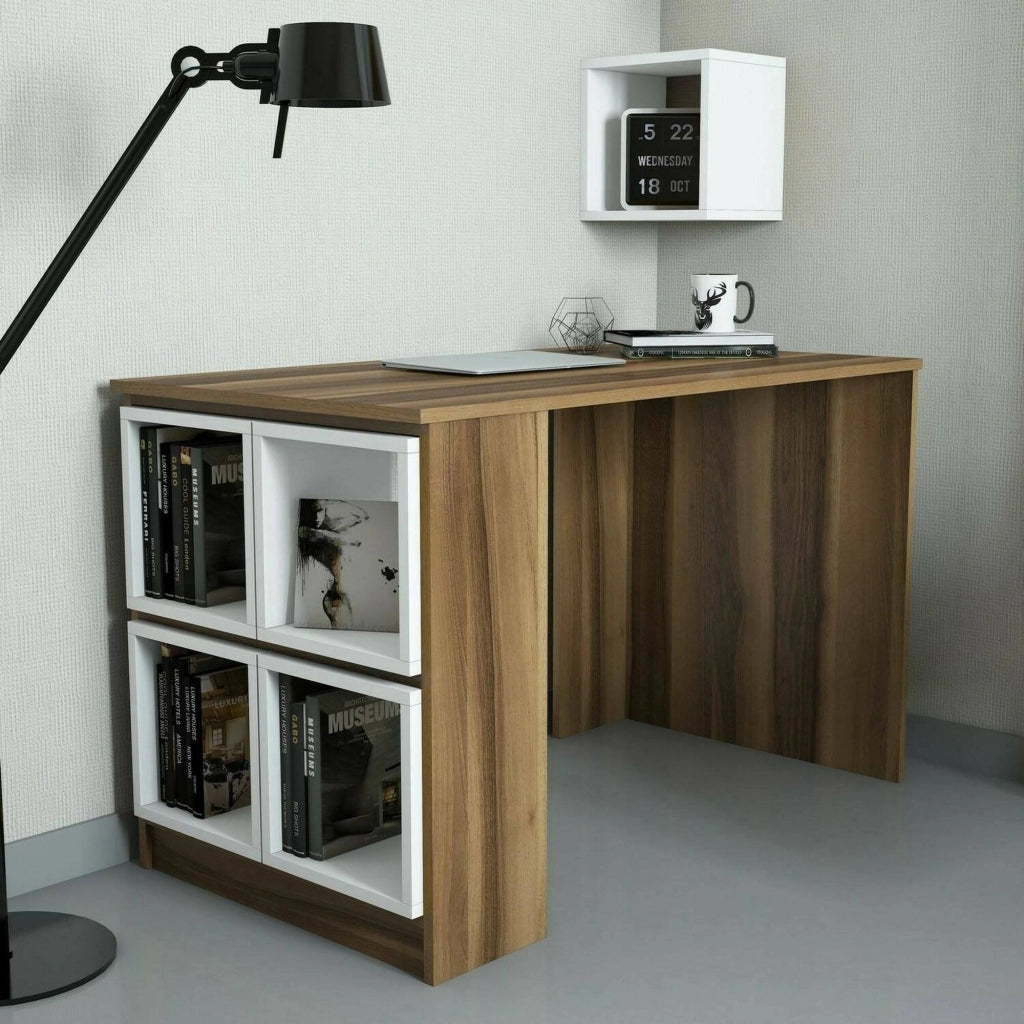 Scrivania Arsita, Scrittoio multiuso, Tavolo per ufficio porta PC, Piano di lavoro, 120x65h75 cm, Noce e Bianco