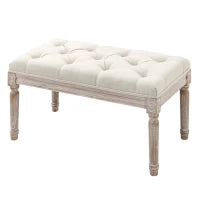 Panca Fondo Letto Imbottita con Rivestimento Effetto Lino e Gambe in Legno, 80x40x41cm, Beige