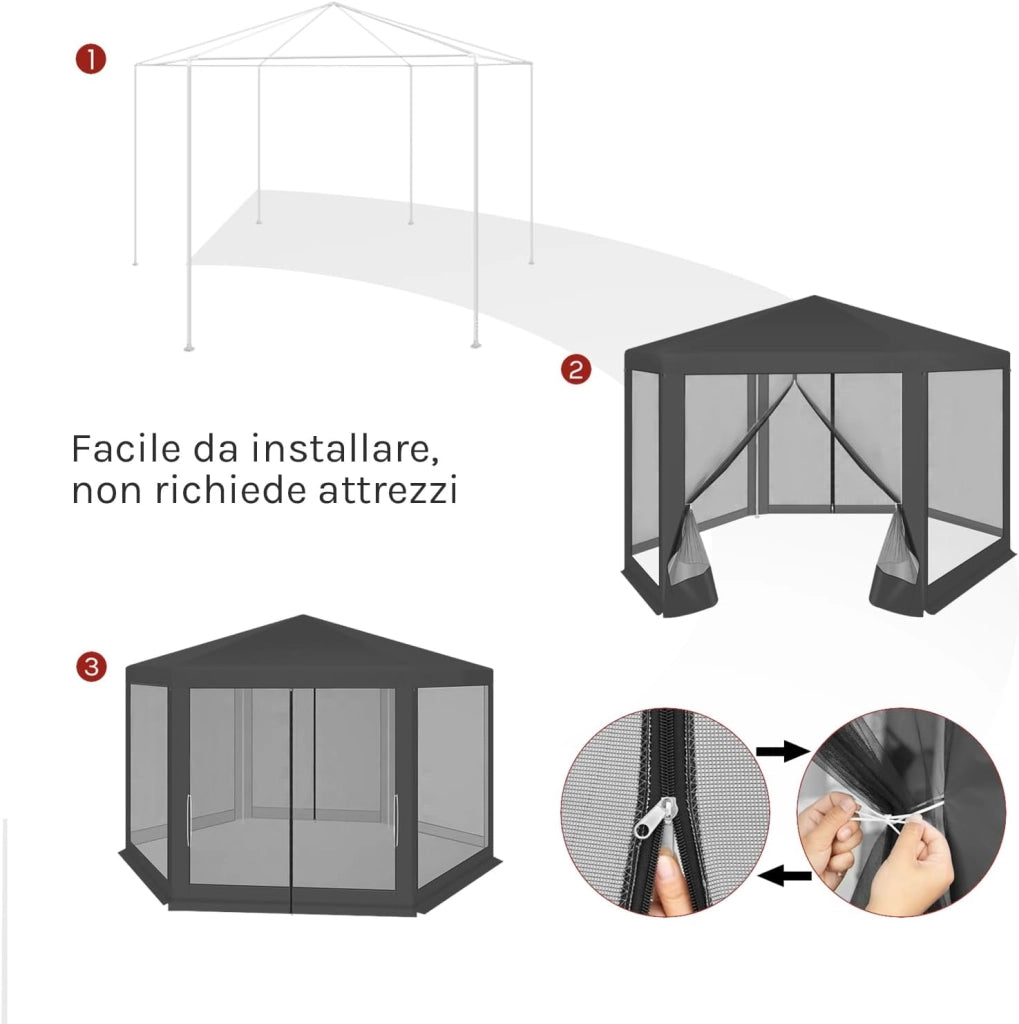 Gazebo da Esterni, Pergolato da Giardino, Gazebo Pieghevole e Impermeabile, con Pareti Laterali a Zanzariera, Esagonale, per Campeggio, Feste, 3,8x3,3m, Grigio