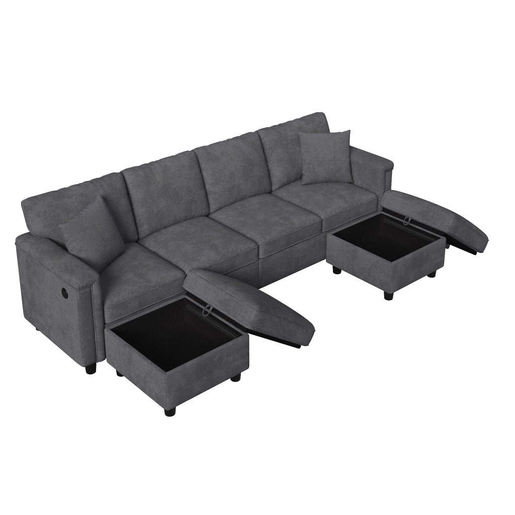 Divano modulare 6 posti con 2 pouf contenitore, USB e porta Type C in ciniglia grigia
