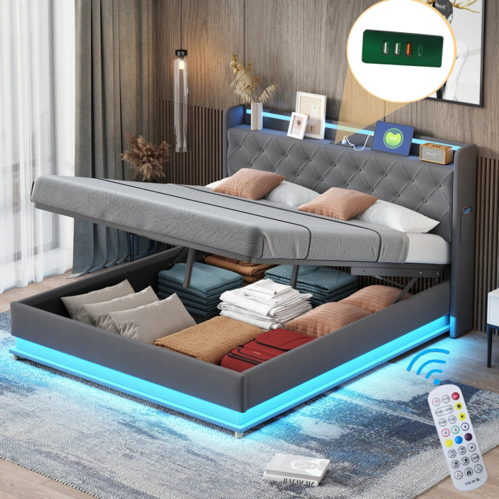 Letto imbottito LED 160x200 cm con USB e contenitore idraulico; tessuto grigio