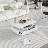 Tavolino da Salotto con Striscia LED Integrata, 4 Cassetti Frontali e Posteriori, Bianco