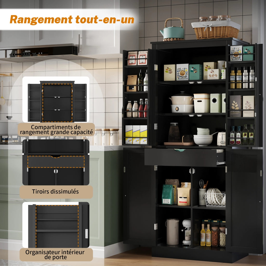 Credenza alta con 2 ante, ripiani e cassetto interno, per cucina e soggiorno, in MDF, nera, 75 × 40 × 182 cm