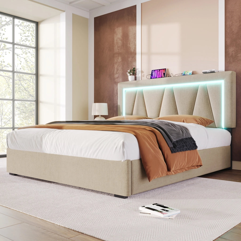 LETTO LED 160x200 cm in lino beige con materasso incluso