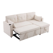 Divano Letto ad Angolo con Chaise Longue Reversibile; Contenitore e Portabicchieri; in Cotone e Lino Beige