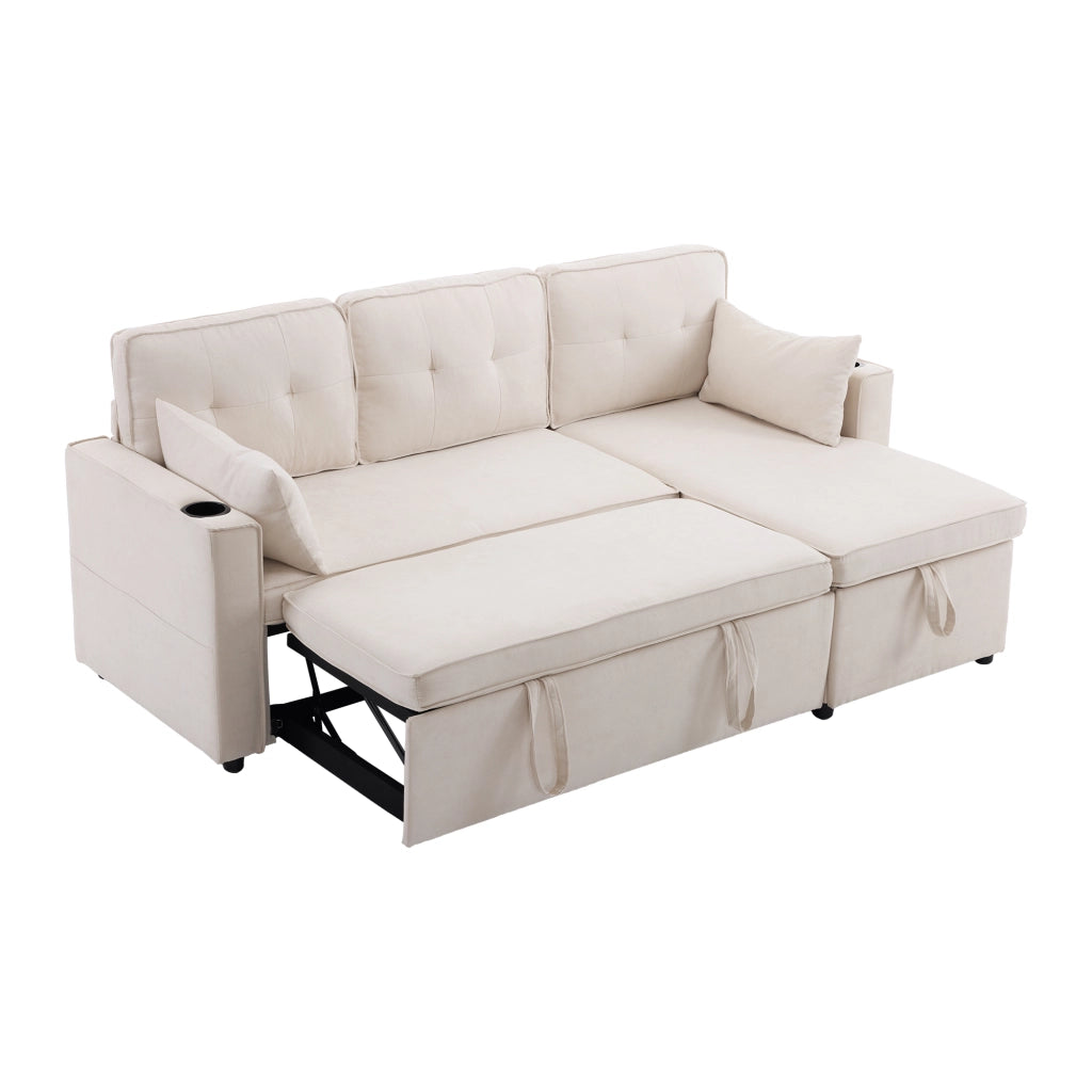 Divano Letto ad Angolo con Chaise Longue Reversibile; Contenitore e Portabicchieri; in Cotone e Lino Beige