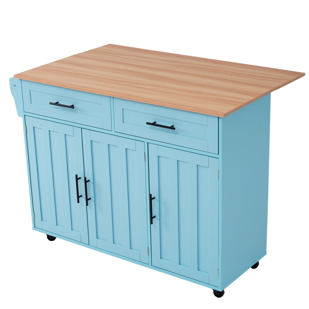 Isola da Cucina Mobile 129x46/71x91,5 cm Azzurra e Legno con Piano Ribaltabile, 2 Cassetti e 5 Ruote