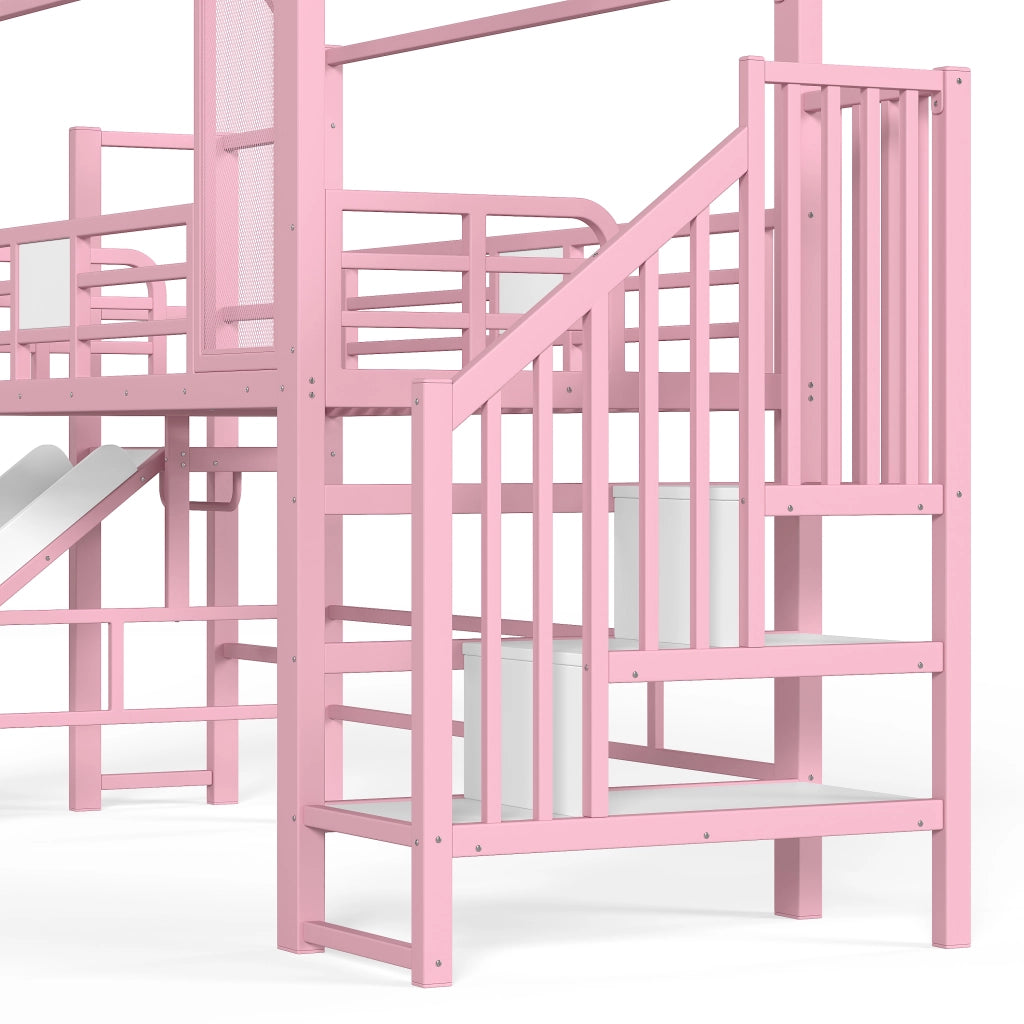 Letto a soppalco per bambini rosa a casetta con scivolo; LED Bluetooth; 90 x 200 cm
