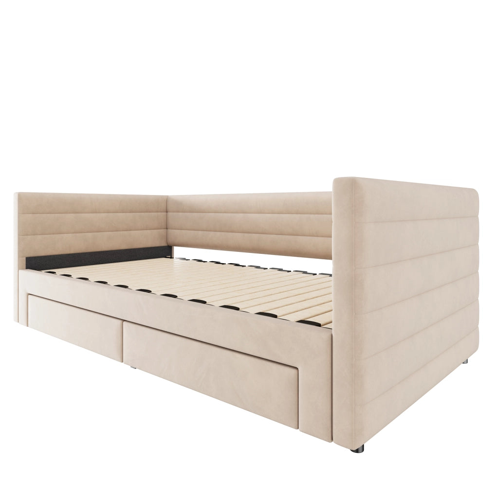 Letto imbottito multifunzionale 3 in 1 90x190 cm con 2 cassetti; beige