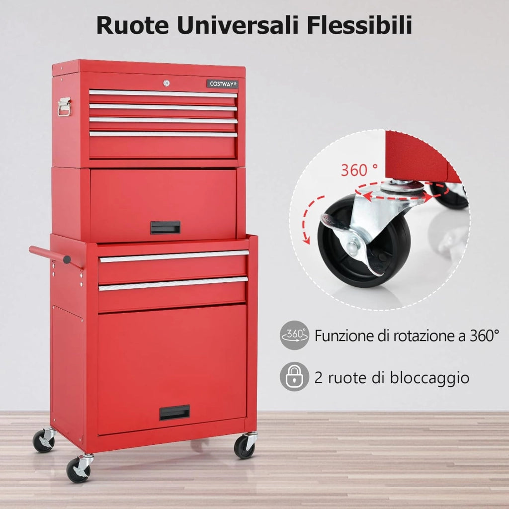 Cassettiera Portautensili a 6 Cassetti, Carrello per Attrezzi con Ruote Bloccabili, con Ripiano rimovibile e Serratura, 61,5 x 33 x 132 cm (rosso)