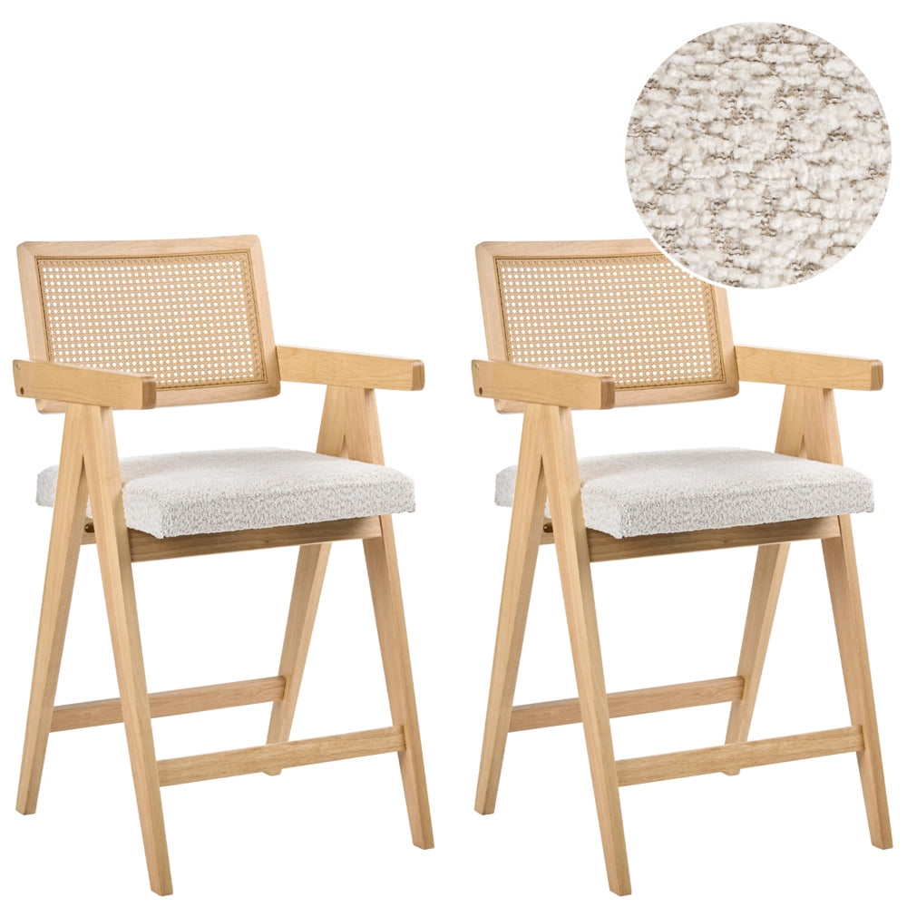 Set di 2 sedie da bar marrone scuro e beige chiaro con struttura in legno di caucciù e sedile in bouclè Cucina da pranzo retrò