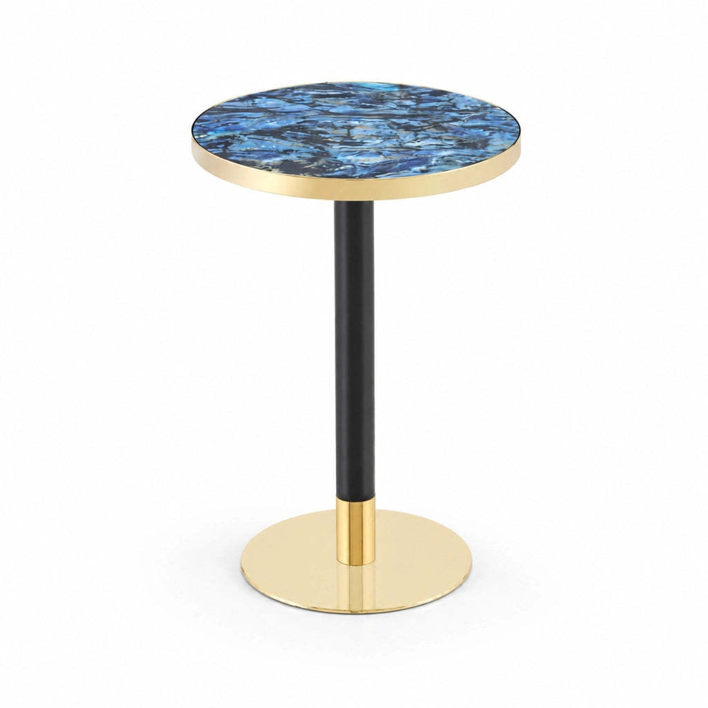 Tavolino rotondo con bordo dorato e base stabile in MDF e metallo blu