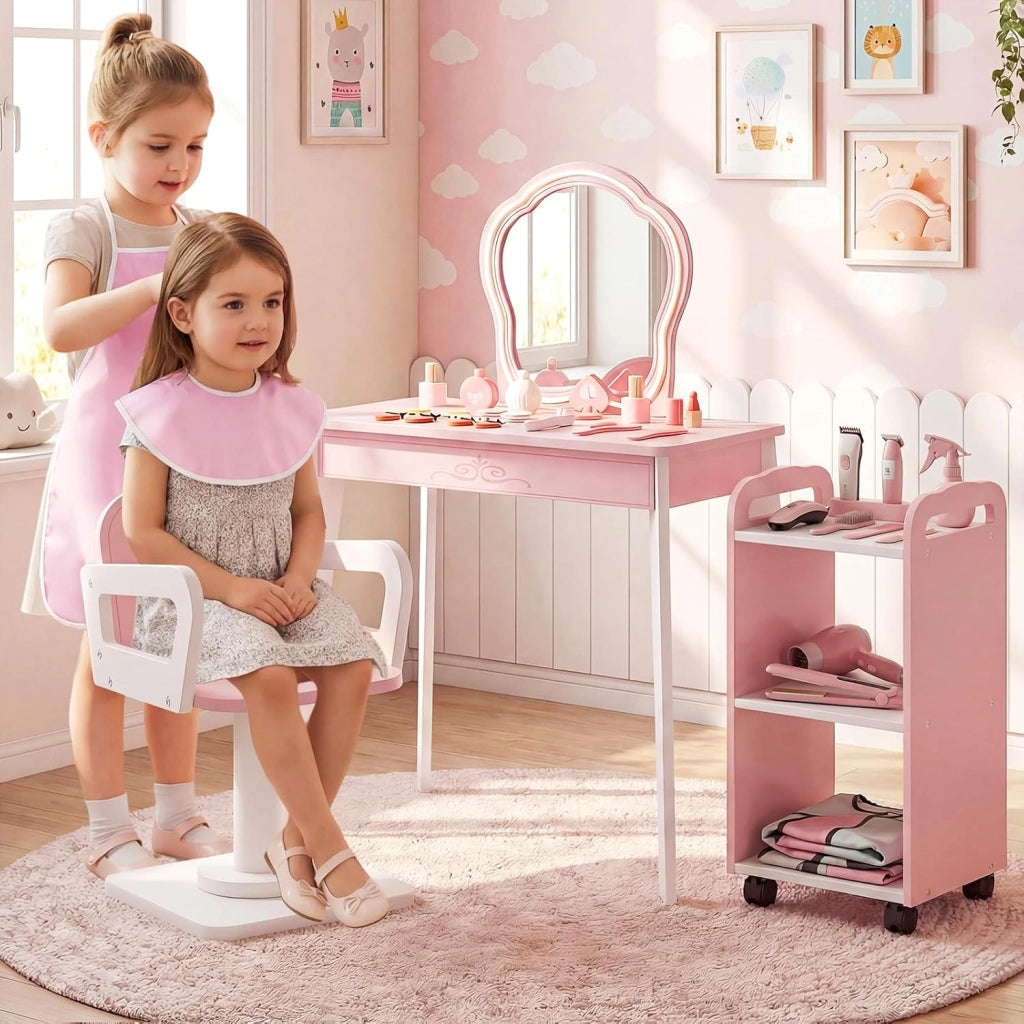 Set Toeletta per Bambini con Specchio Illuminato a LED | Tavolo per Manicure con Poltrona Girevole e Carrello con Ruote, Postazione Trucco con Asciugacapelli e Pettine per Bambini 3+
