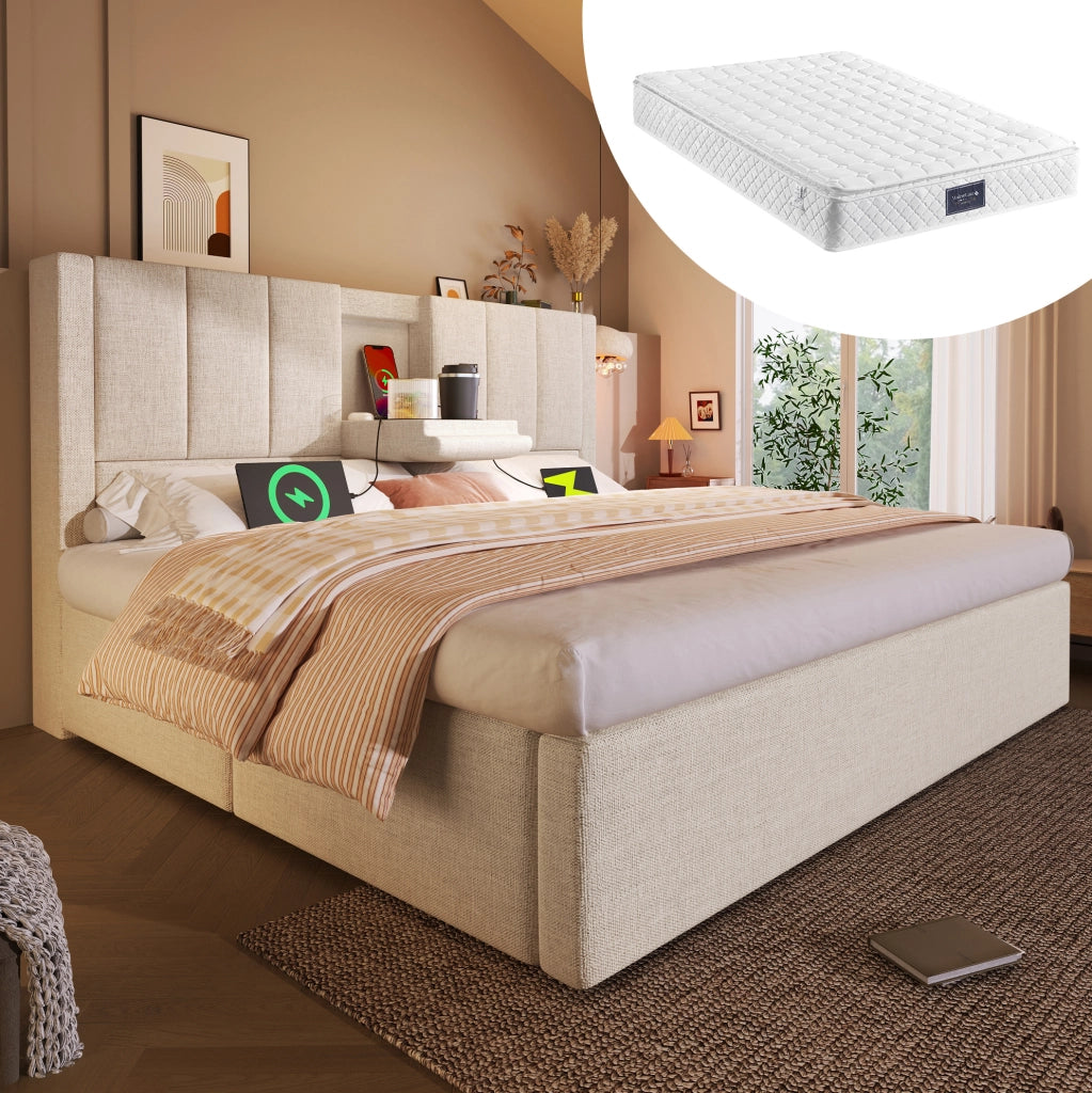 Letto matrimoniale imbottito 160x200 cm con contenitore; porta bicchieri e stazione di ricarica; beige; con materasso