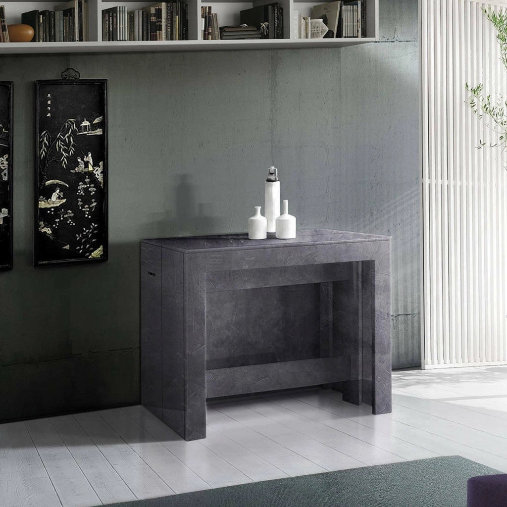 Tavolo da pranzo Anello, Made in Italy, Consolle allungabile fino a 12 posti, con portallunghe, cm 51/300x90h77, Grigio Ardesia