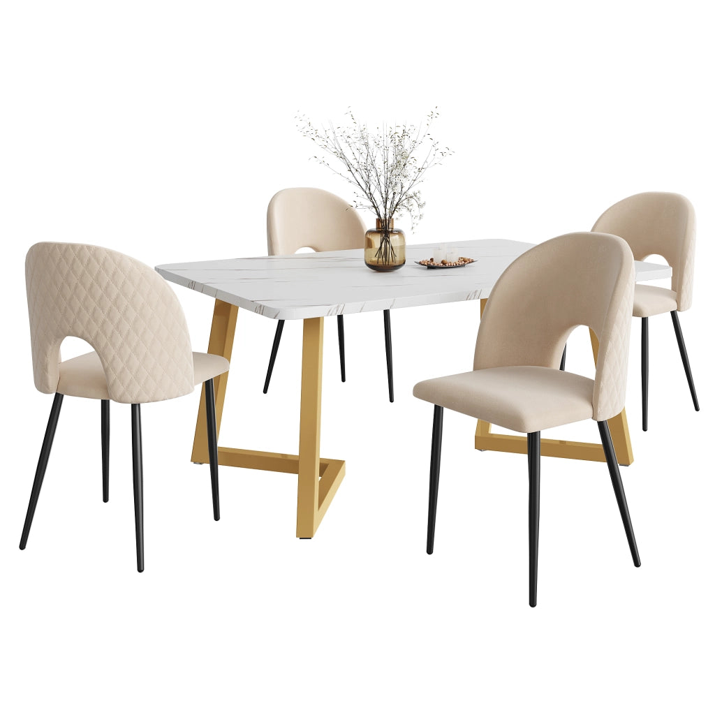 Tavolo da pranzo per 4 persone set con 4 sedie in velluto e metallo schienale con motivo diamantato beige