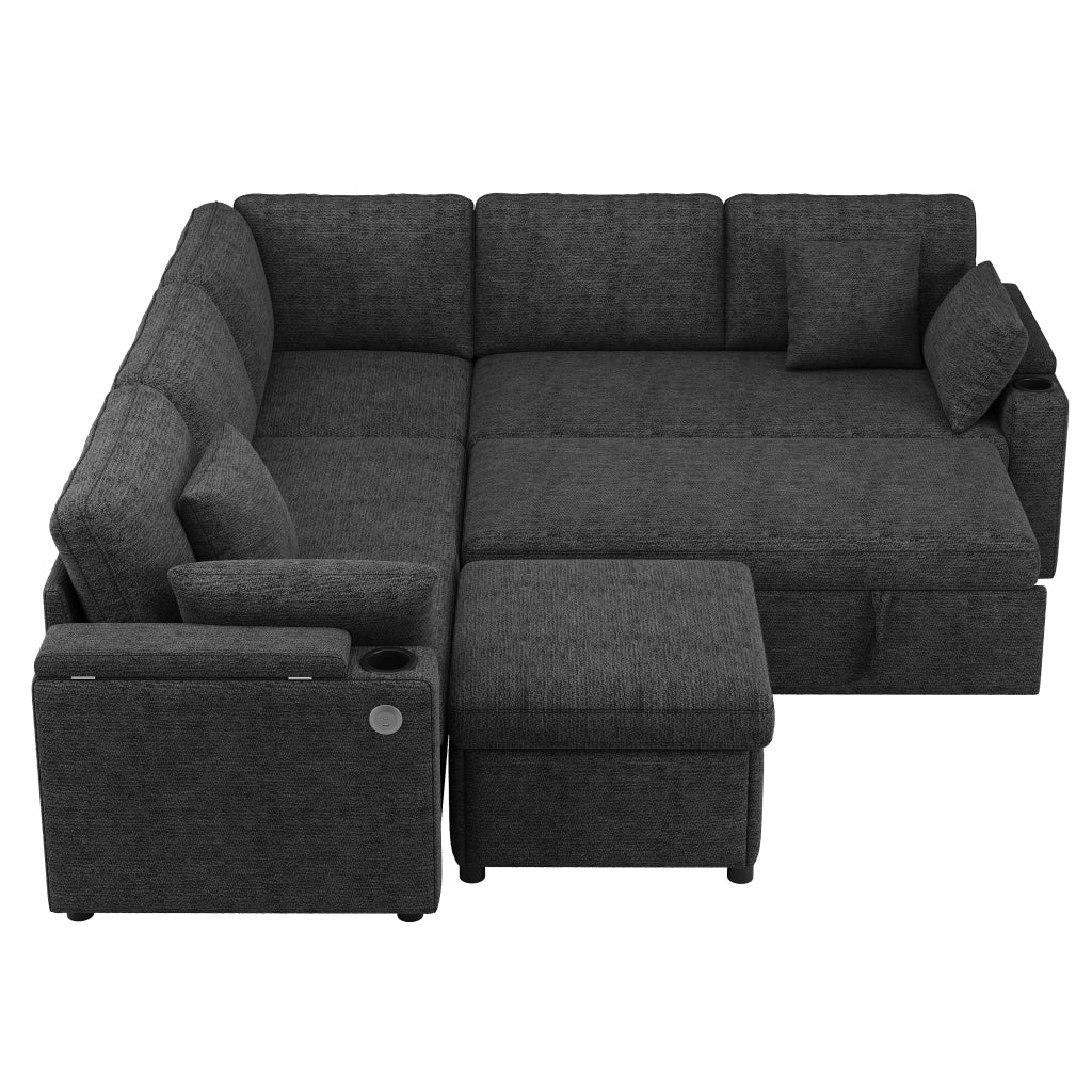 DIVANO ANGOLARE Letto Estraibile 204x204x83 cm Chenille Grigio con 4 cuscini