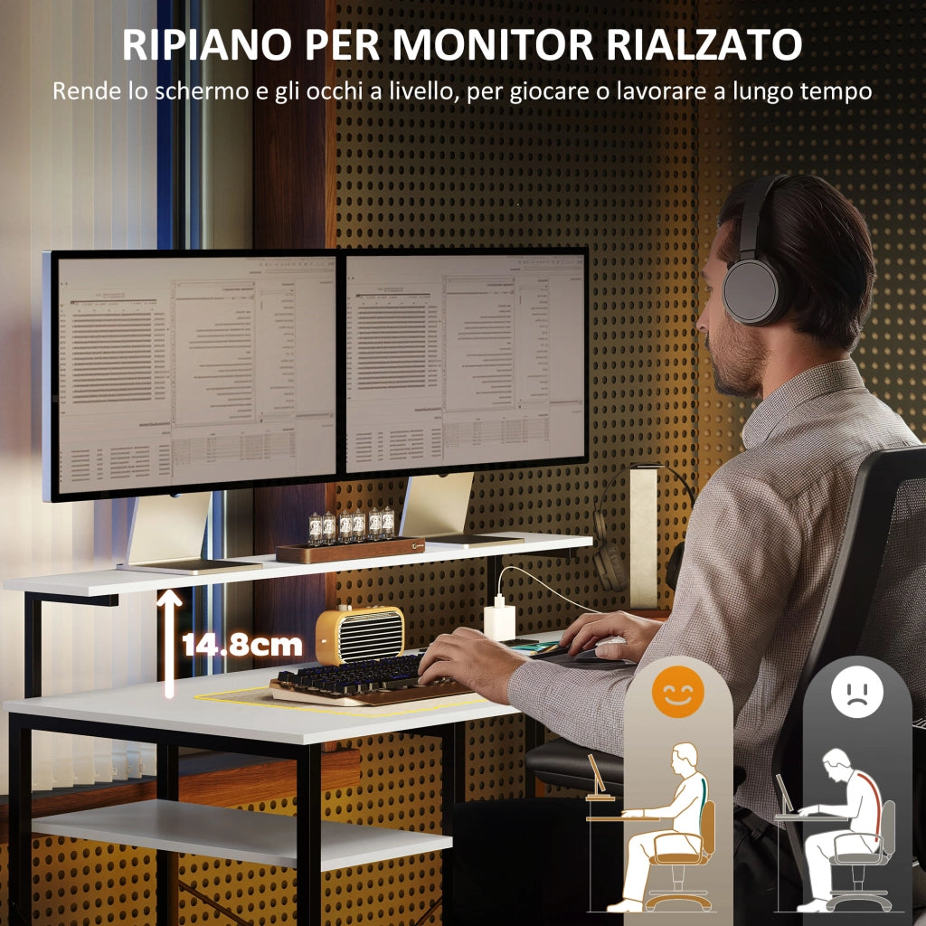 Scrivania Angolare con Presa Elettrica e USB, Scaffale e Supporto per Monitor ¨C Zephmum ¨C Bianco e Nero