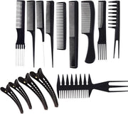 Set di pettini per capelli - Pettine per parrucchiere e pinzette per capelli - 14 pezzi - Nero