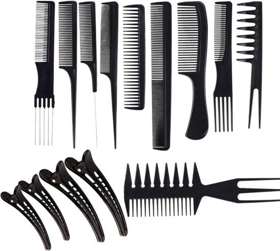 Set di pettini per capelli - Pettine per parrucchiere e pinzette per capelli - 14 pezzi - Nero