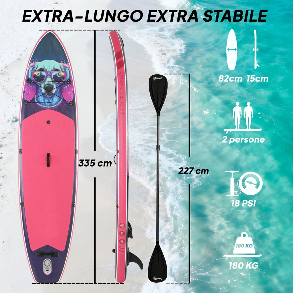 Tavola Sup Gonfiabile 335x82x15 cm con Sedile Pagaia e Accessori in Plastica ed EVA Blu e Rosa