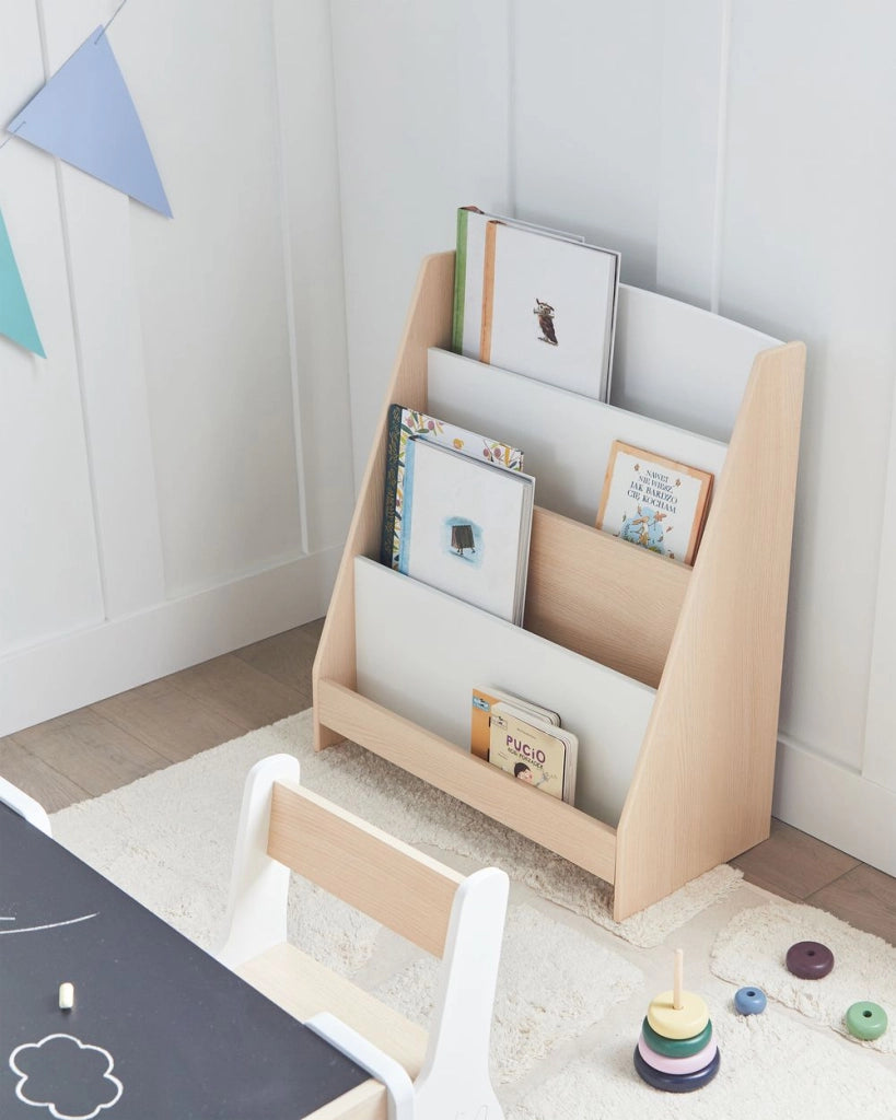 Scaffale per bambini con 4 ripiani in MDF in legno chiaro cameretta espositore per libri