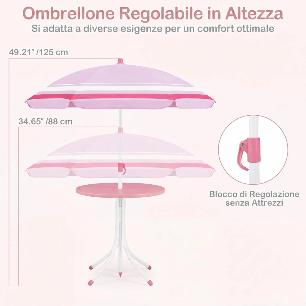 Set Tavolo e Sedie da Giardino per Bambini con Ombrellone (Rosso) | Set da Esterno per Bambini 4 Pezzi con Tavolino Rotondo, 2 Sedie Pieghevoli e Ombrellone Regolabile in Altezza per Campeggio