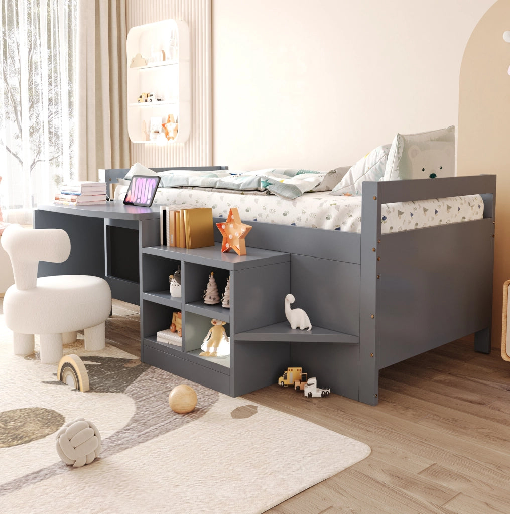 Letto per bambini 90x200 cm con scrivania; vani contenitore; USB e presa; grigio