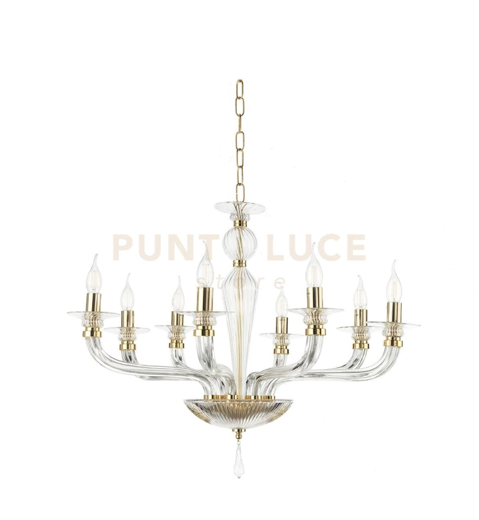 LAMPADARIO VILLA VETRO E METALLO 8 LUCI ORO E TRASPARENTE ATTACCO E14 D.82CM