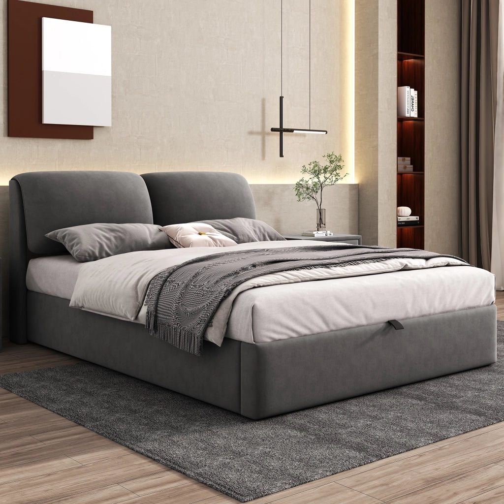 Letto imbottito 140x190 cm in velluto grigio con contenitore idraulico, 3 cassetti, rete a doghe e testiera