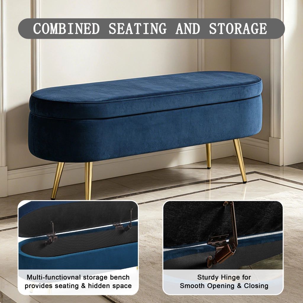 Banc con contenitore in velluto blu con coperchio ammortizzato struttura in legno e gambe in metallo 110 × 40 × 42 cm