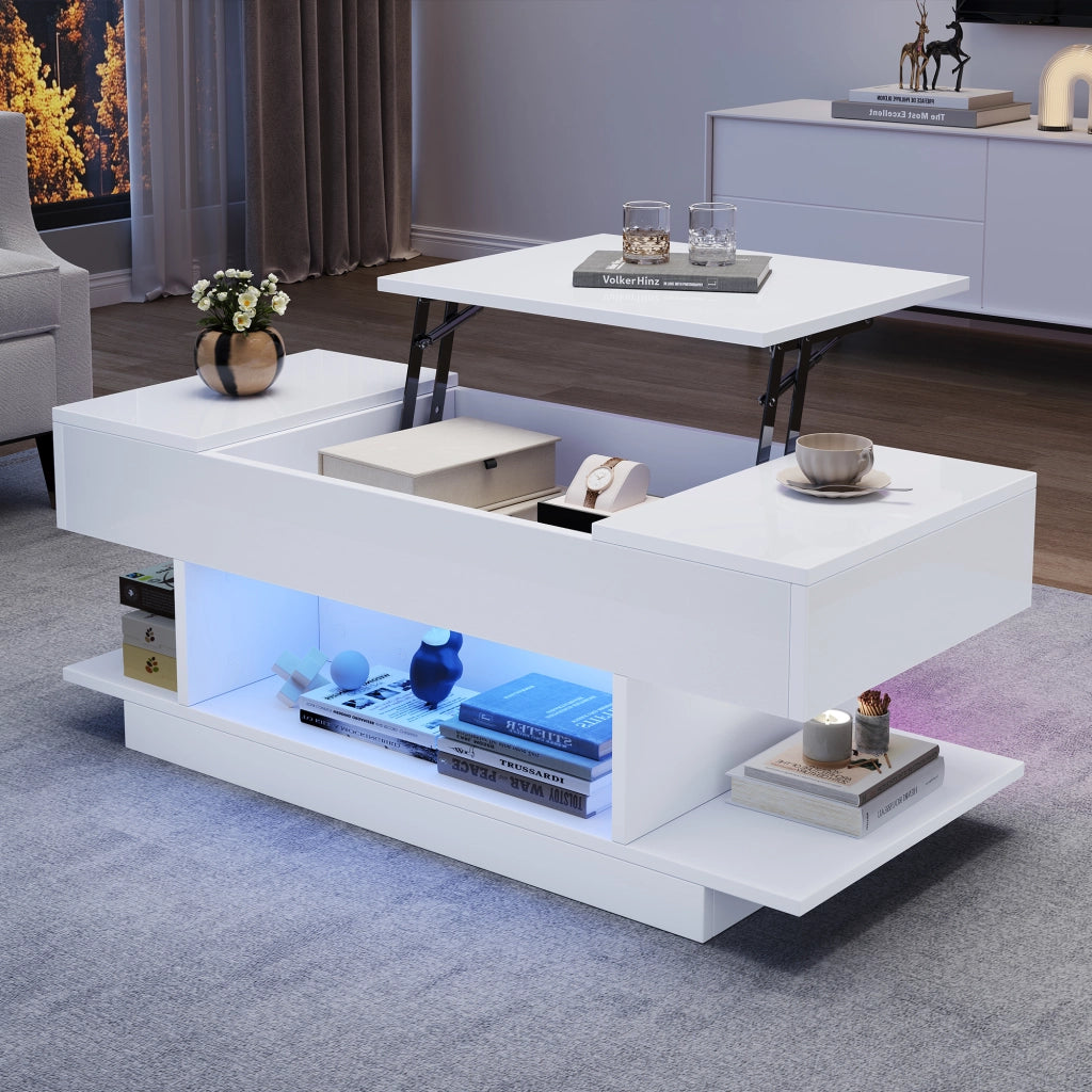 Tavolino da salotto 98x45x40 cm; elevabile con LED e vani contenitori; truciolato bianco