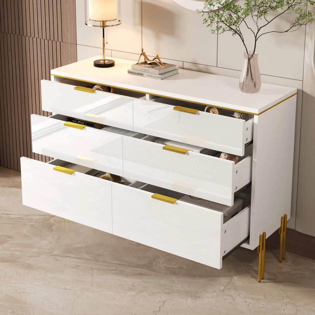 Madia 120x40x85.5 cm con 6 cassetti; frontali lucidi e dettagli dorati; in truciolato; bianco