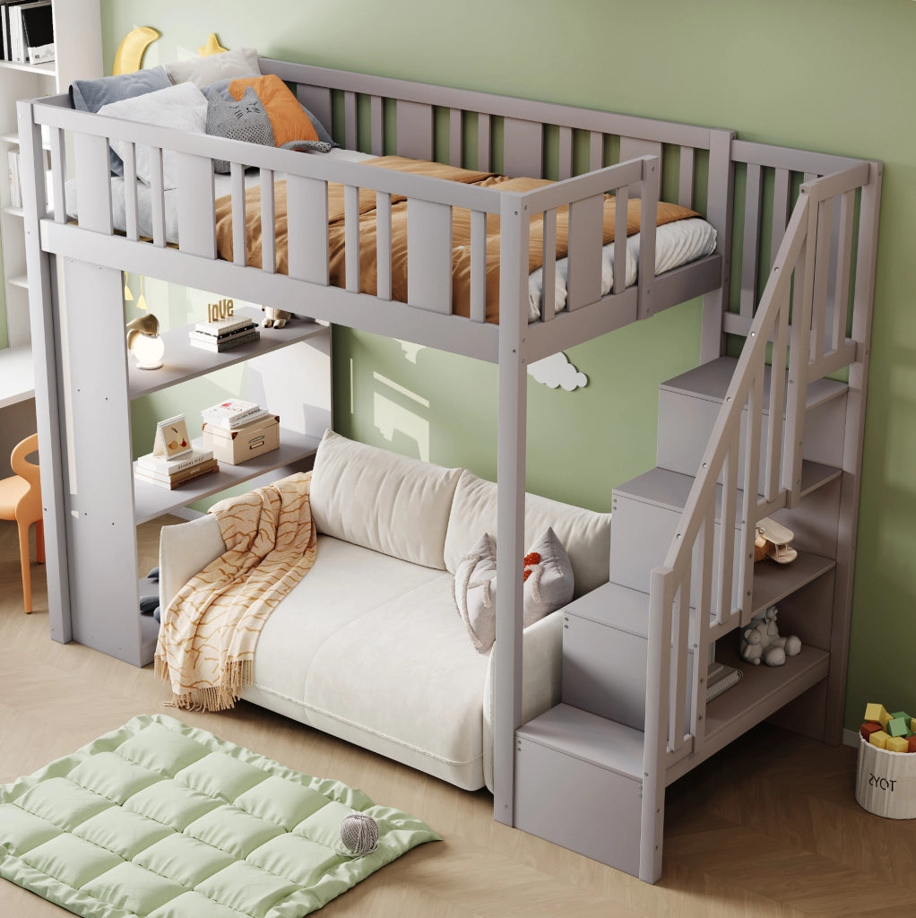 Letto a soppalco per bambini 90x200 cm con scala contenitore e 3 vani portaoggetti; legno grigio