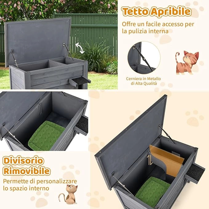 Cuccia Gatto Esterno Inverno 88 x 55 x 71 cm, Casetta Gatti Calda in Legno con Isolamento in Schiuma, Tetto Apribile in Asphalt e Porta, Rifugio termica per Gatti Multipli (Grigio)