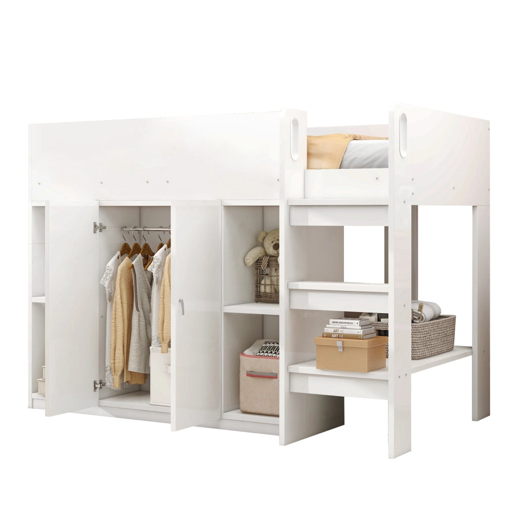 Letto a soppalco 90 × 200 cm con armadio; ripiani e scala integrata bianco per cameretta