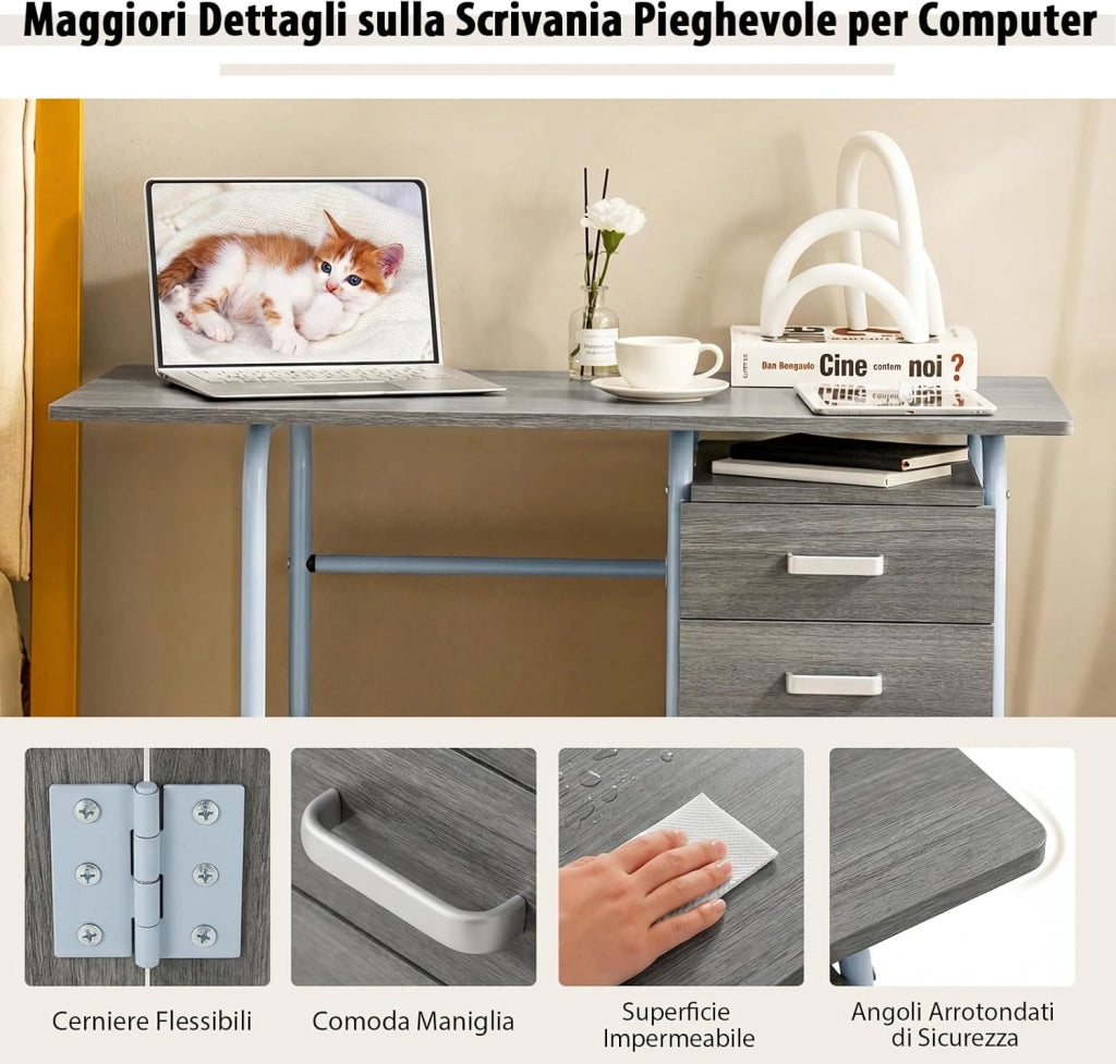 Scrivania Salvaspazio con 3 Cassetti e Ruote Bloccabili, Scrivania Porta PC Pieghevole con Struttura in Metallo per Studio e Ufficio, 105 x 50 x 75 cm, Portata 100 kg (Grigio)