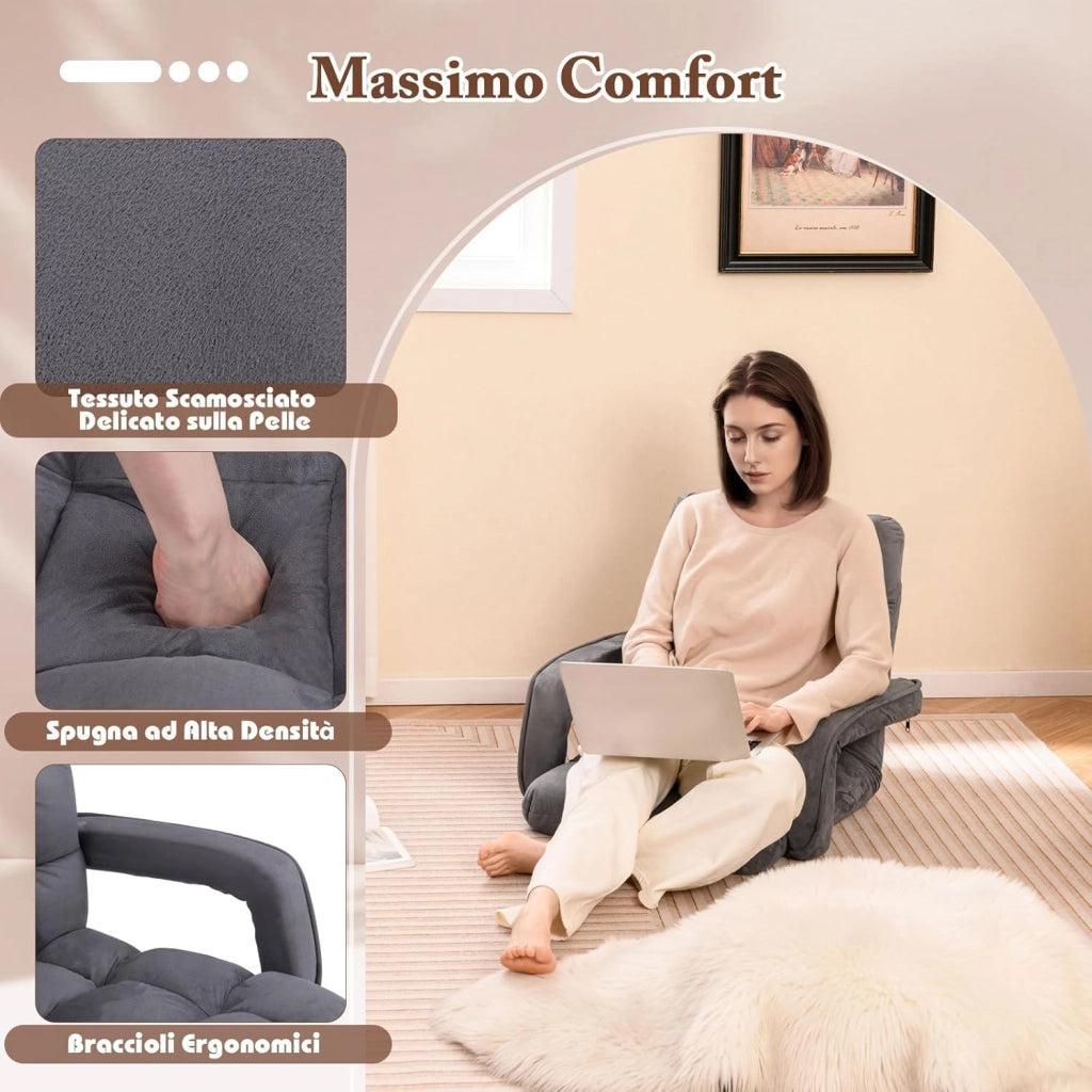 Sedia da Pavimento con Supporto Lombare, Poltrona Divano Regolabile a 6 Posizioni con Braccioli, Chaise Lounge per Soggiorno Camera da Letto, 60x64x54 cm