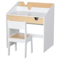Set Scrivania e Sedia per Bambini con Cassetto e Scaffale, Bordi Arrotondati, Età 6-10 Anni, Bianco e Legno