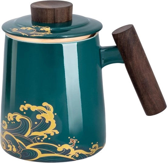 Bicchiere per Tè Grande con Filtro e Coperchio - 500ml Termos per Casa e Ufficio, Ceramica Verde Scuro