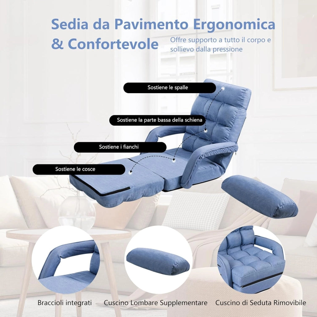 Poltrona Divano con 5 Livelli Regolabili, Sedia da Terra con Braccioli e Cuscino, Struttura in Acciaio, Multifunzione e Pieghevole per Soggiorno Camera da Letto, 55x66x71 cm (Blu)