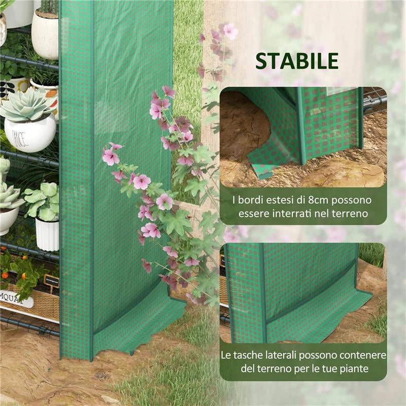 SERRA PER PIANTE A 4 RIPIANI CON PORTA AVVOLGIBILE, IN METALLO E PE, 69X49X158 CM, VERDE SCURO
