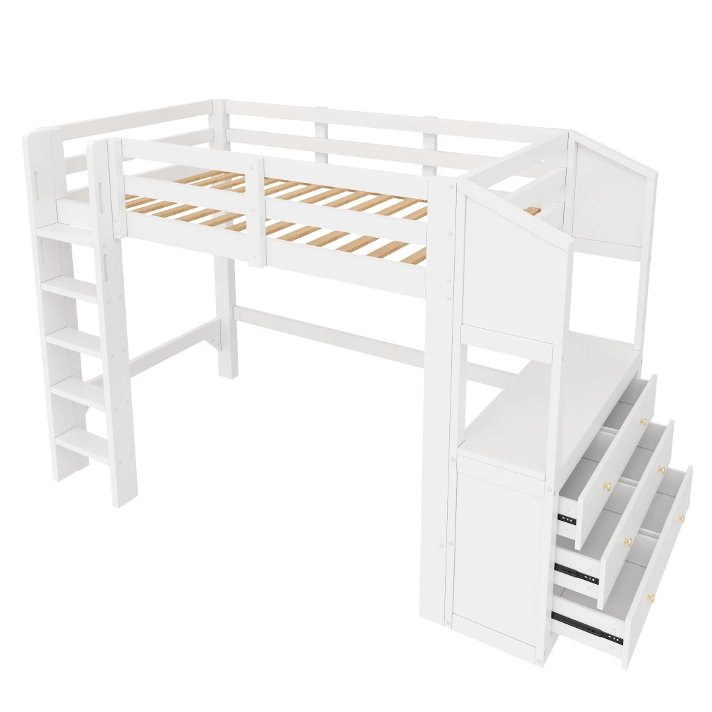 Letto a soppalco 90x200 bianco con 6 cassetti; scaffali e illuminazione LED