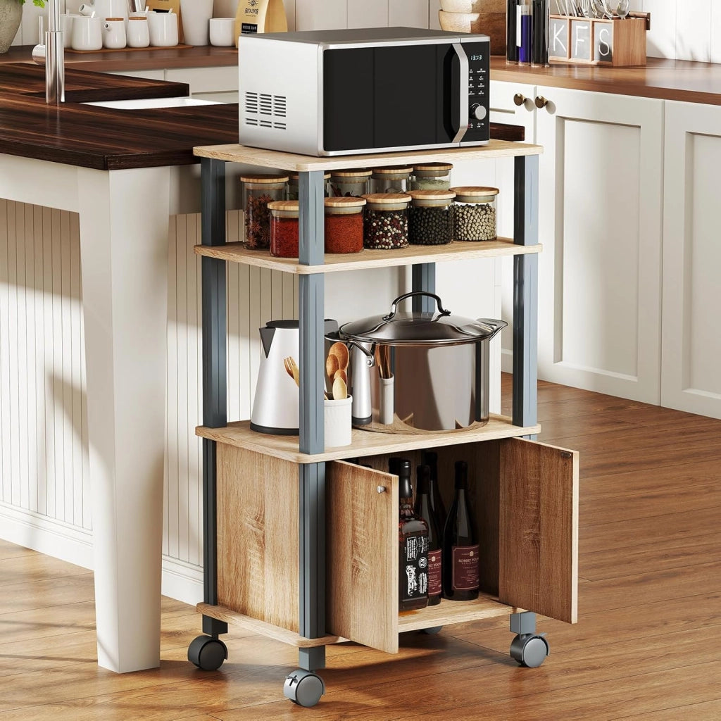 Carrello da Cucina a 3 Livelli per Microonde, Carrello Portaoggetti con Ruote e Armadio con Porta, Carrello di Servizio in Legno, Organizer per Sala da Pranzo, 60 x 40 x 98 cm (Naturale)