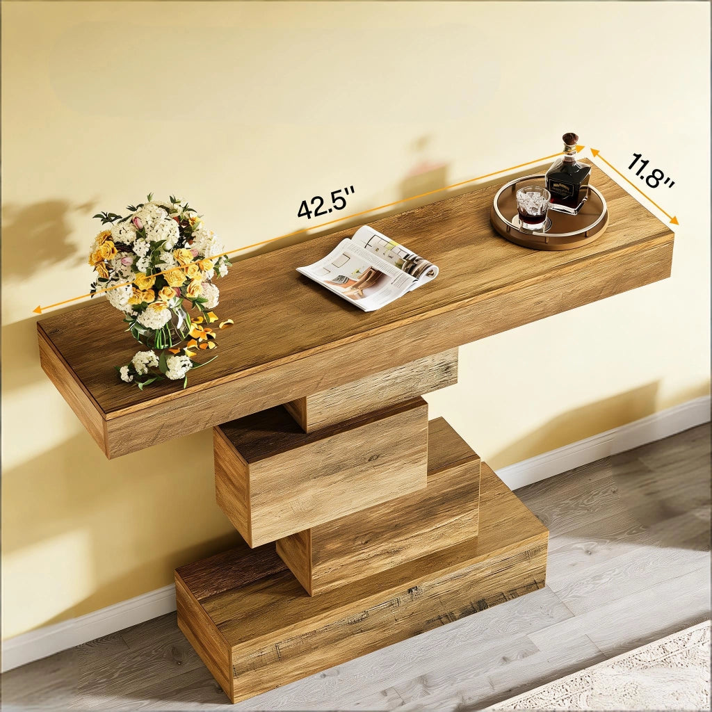 Consolle in legno con struttura geometrica e ripiani a gradini, per ingresso e soggiorno, 108 × 30 × 80 cm